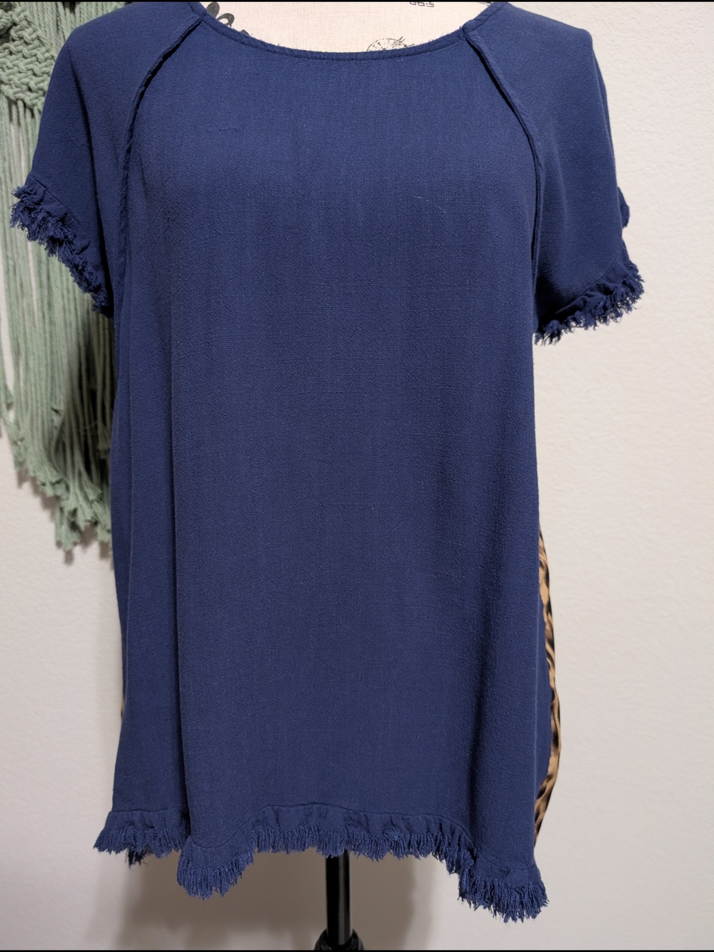 Umgee Navy Trim Tunic with Leopard Print Inset